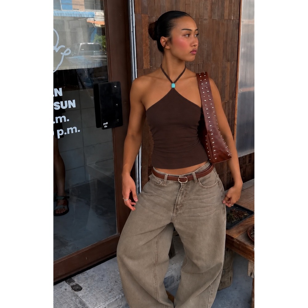 Wild Fable Brown Halter Top Turquoise Bead Accent Y2K Style Small